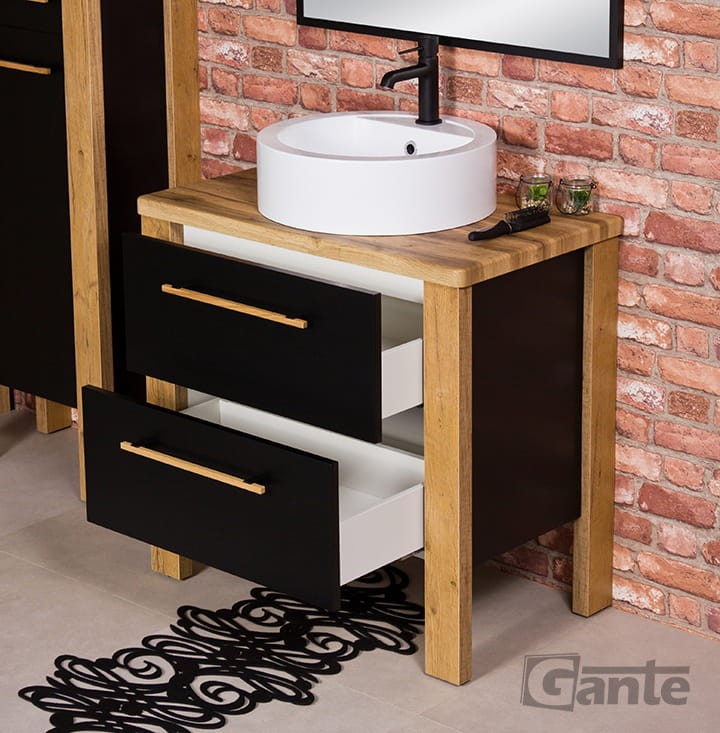 Stojaca szafka do łazienki z blatem umywalka nablatowa z miejscem do montażu baterii szerokość 80 cm kolor czarny mat i drewno  (5).jpg