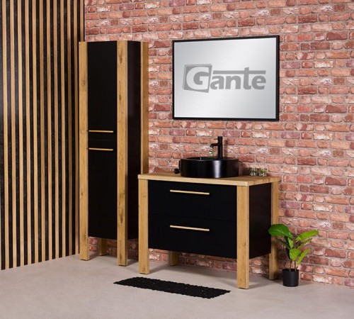 Stojaca szafka do łazienki z blatem czarna umywalka nablatowa z miejscem do montażu baterii szerokość szafki 100 cm kolor czarny mat i drewno