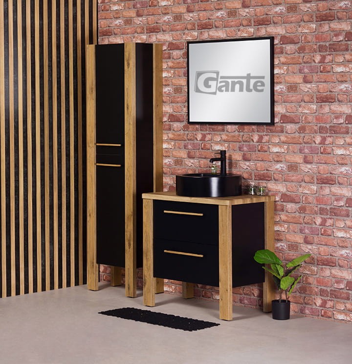 Stojaca szafka do łazienki z blatem czarna umywalka nablatowa z miejscem do montażu baterii szerokość szafki 80 cm kolor czarny mat i drewno