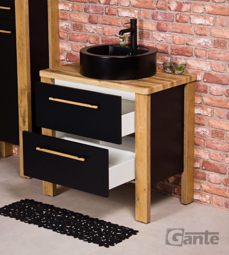Stojaca szafka do łazienki z blatem czarna umywalka nablatowa z miejscem do montażu baterii szerokość szafki 80 cm kolor czarny mat i drewno