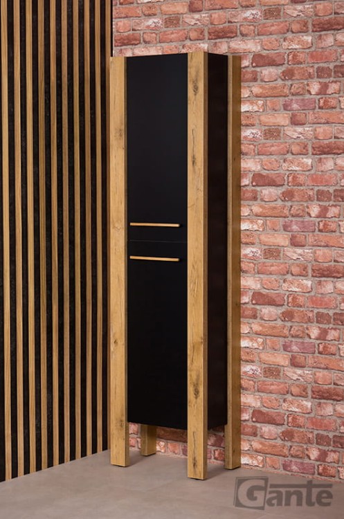 Czarny stojący regał do łazienki 2 drzwiowy z elementami drewna dekor dąb naturalny  i cvzarny mat.jpg