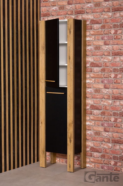 Czarny stojhący regał do łazienki z elementami drewna dekor dąb naturalny  (2).jpg