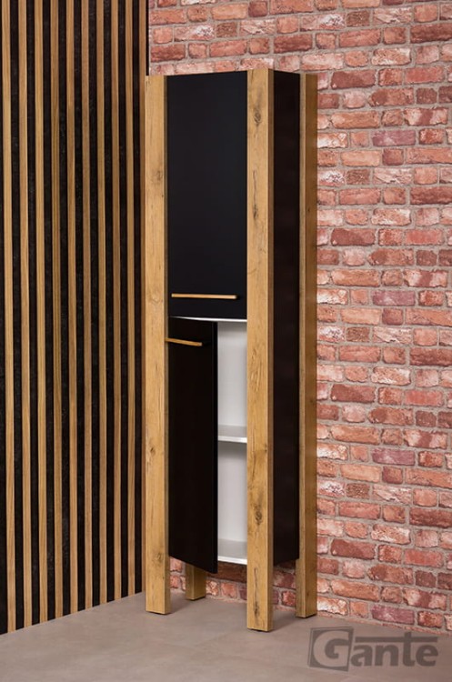 Czarny stojhący regał do łazienki z elementami drewna dekor dąb naturalny  (3).jpg