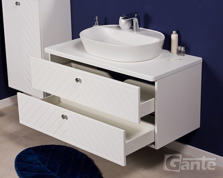 Szafka łazienkowa biały mat kolekcja mebli łazienkowych Kodi front w jodełkę 100 cm umywalka nablatowa