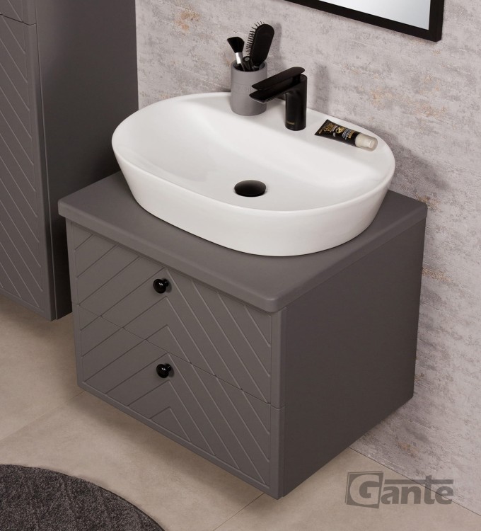 Szara szafka łazienkowa Kodi front w jodełkę blat szerokość 60 cm umywalka nablatowa (3).jpg