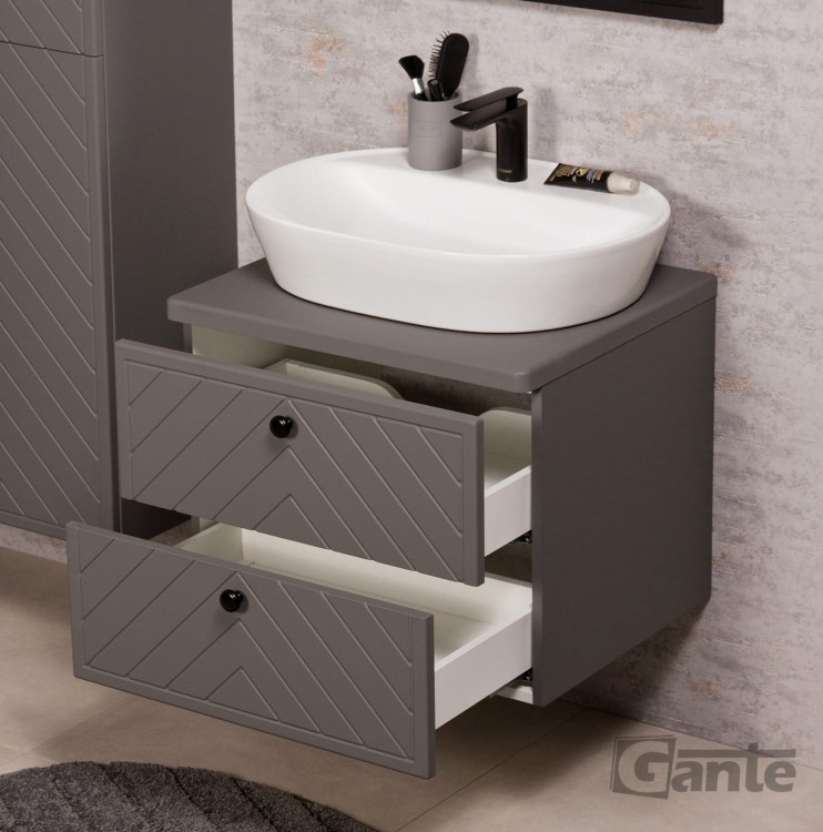 Szara szafka łazienkowa Kodi front w jodełkę blat szerokość 60 cm umywalka nablatowa (4).jpg