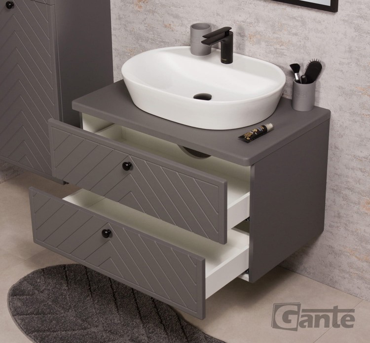 Szara szafka łazienkowa z blatem 80 cm kolekcja Kodi front w jodełkę do umywalki nablatowej (4).jpg