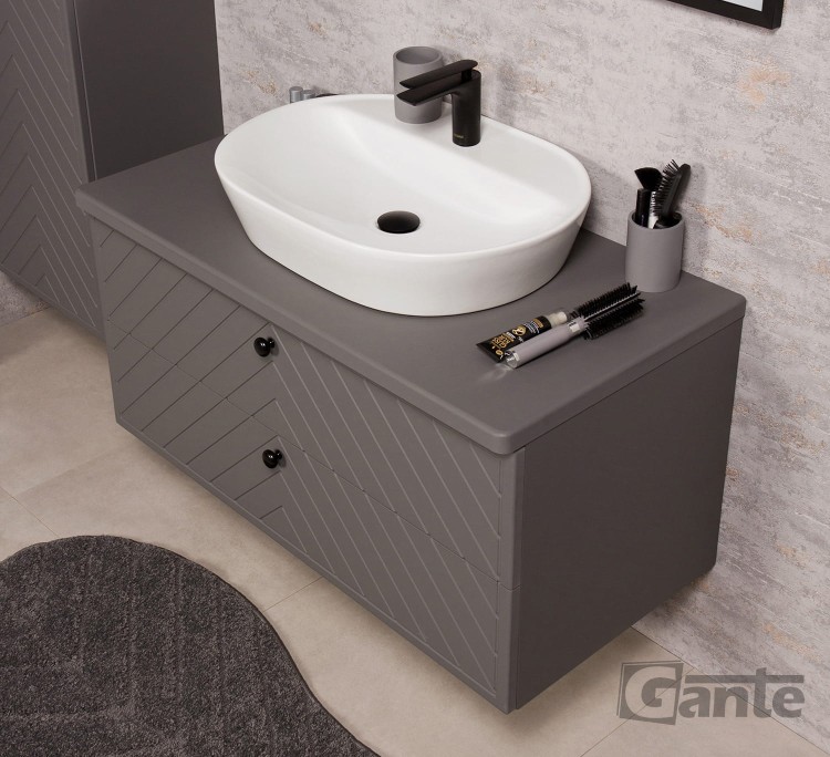 Szara szafka łazienkowa z blatem 100 cm kolekcja Kodi front w jodełkę do umywalki nablatowej (3).jpg