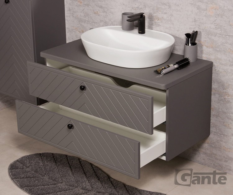 Szara szafka łazienkowa z blatem 100 cm kolekcja Kodi front w jodełkę do umywalki nablatowej (4).jpg