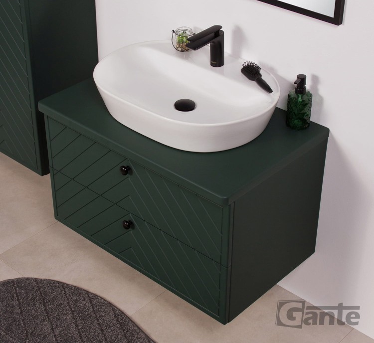 Zielona szafka łazienkowa z blatem Kodi front w jodełkę szerokość 80 cm umywalka nablatowa (2).jpg