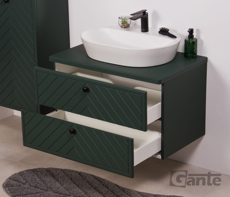 Zielona szafka łazienkowa z blatem Kodi front w jodełkę szerokość 80 cm umywalka nablatowa (3).jpg