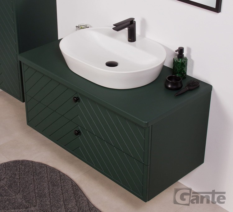 Zielona szafka łazienkowa z blatem Kodi front w jodełkę szerokość 100 cm umywalka nablatowa (3).jpg