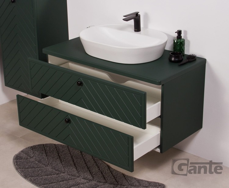 Zielona szafka łazienkowa z blatem Kodi front w jodełkę szerokość 100 cm umywalka nablatowa (4).jpg