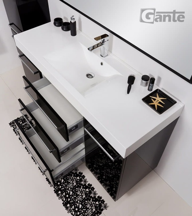 Wisząca szafka do łazienki o szerokości 140 cm 3 szuflady i boczne szafki kolor czarny połysk umywalka 140 cm głebokość 50 cm kolekcja mebli łazienkowych Fokus