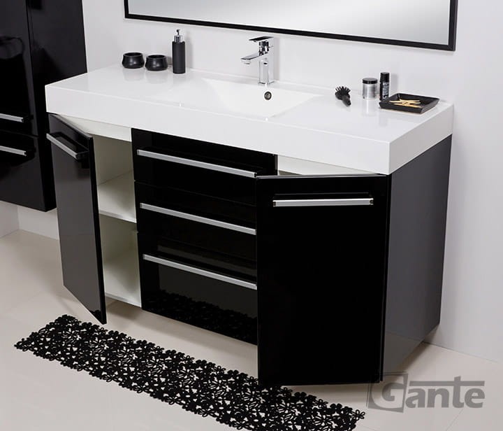 Wisząca szafka do łazienki o szerokości 140 cm 3 szuflady i boczne szafki kolor czarny połysk umywalka 140 cm głebokość 50 cm kolekcja mebli łazienkowych Fokus