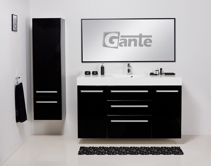 Wisząca szafka do łazienki o szerokości 140 cm 3 szuflady i boczne szafki kolor czarny połysk umywalka 140 cm głebokość 50 cm kolekcja mebli łazienkowych Fokus