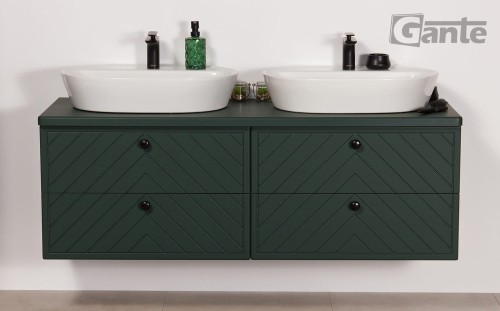 Zielona szafka łazienkowa z Kodi front w jodełkę blat o szerokości szerokość 140 cm pod 2 umywalki nablatowe