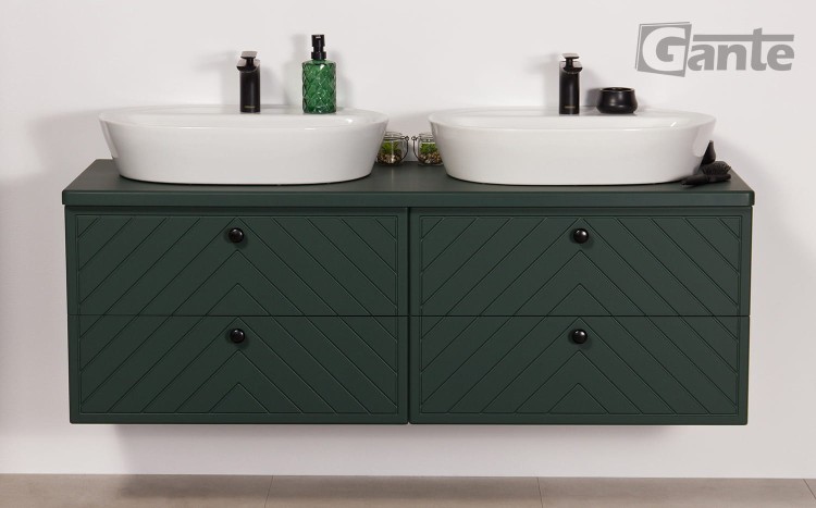 Zielona szafka łazienkowa z Kodi front w jodełkę blat o szerokości szerokość 140 cm pod 2 umywalki nablatowe