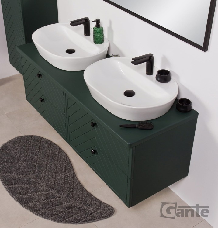 Zielona szafka łazienkowa z Kodi front w jodełkę blat o szerokości szerokość 140 cm pod 2 umywalki nablatowe
