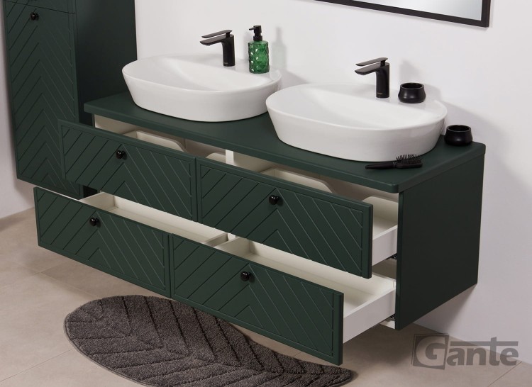 Zielona szafka łazienkowa z Kodi front w jodełkę blat o szerokości szerokość 140 cm pod 2 umywalki nablatowe