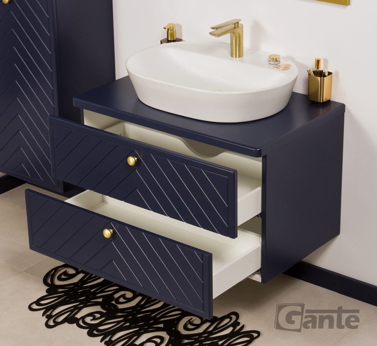 Granatowa szafka łazienkowa Kodi front w jodełkę 80 cm umywalka nablatowa (4).jpg