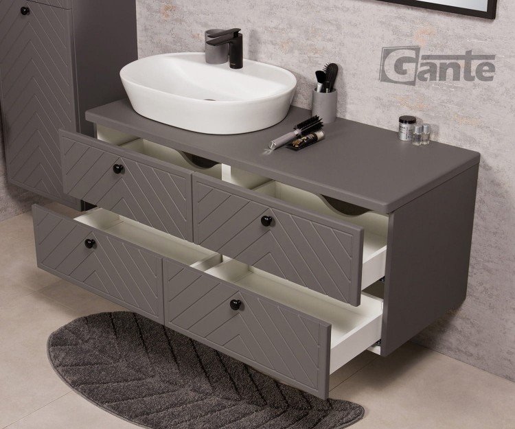 Szara szafka łazienkowa z blatem 120 cm kolekcja Kodi front w jodełkę do umywalki nablatowej (4).jpg