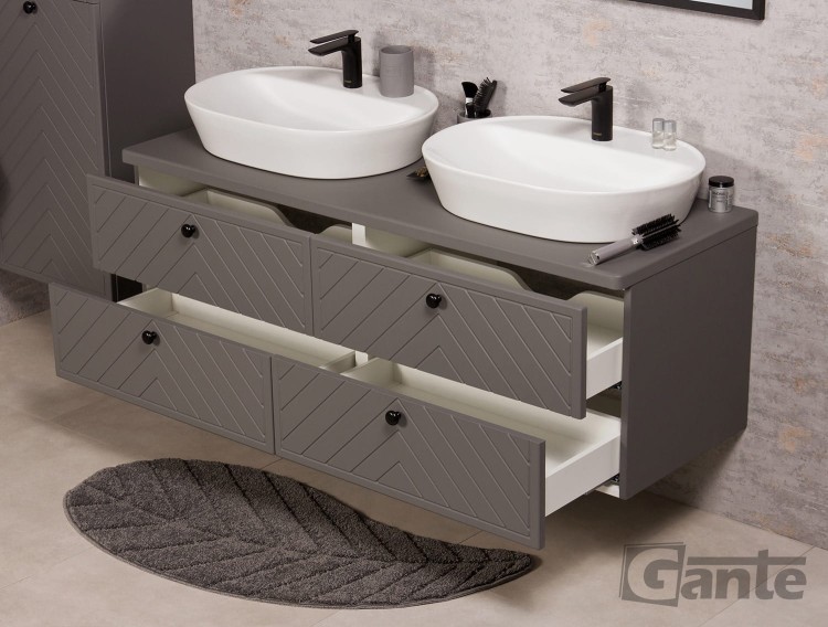 Podwójna szara szafka łazienkowa z blatem 140 cm kolekcja Kodi front w jodełkę pod 2 umywalki nablatowe (3).jpg