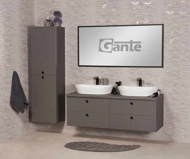 Podwójna szara szafka łazienkowa z blatem 140 cm kolekcja Kodi front w jodełkę pod 2 umywalki nablatowe (5).jpg