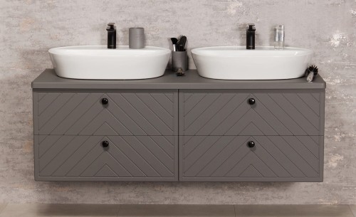 Podwójna szara szafka łazienkowa z blatem 140 cm kolekcja Kodi front w jodełkę pod 2 umywalki nablatowe (6).jpg