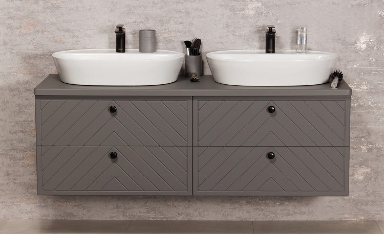 Podwójna szara szafka łazienkowa z blatem 140 cm kolekcja Kodi front w jodełkę pod 2 umywalki nablatowe (6).jpg