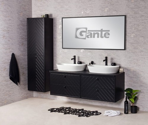 Szafka łazienkowa z blatem Codi frezowany front w jodełkę 140 cm  2 ceramiczne umywalki nablatowe o szerokości 60 cm z miejscem do montażu baterii