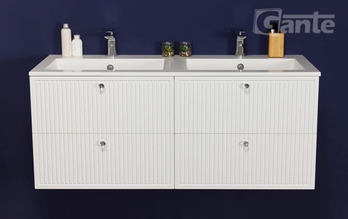 Biała podwójna szafka łazienkowa pod umywalkę 120 cm szerokości 4 szuflady ozdobne gałki kryształowe ryflowane fronty kolekcja Argento (2).jpg