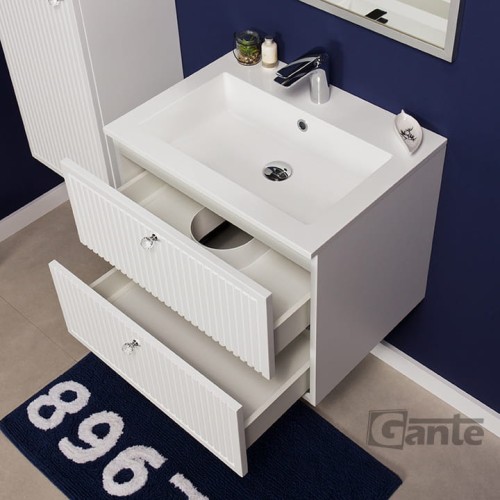 Biała szafka łazienkowa pod umywalkę 60 cm szerokości 2 szuflady ozdobne gałki kryształowe ryflowane fronty kolekcja Argento (3).jpg