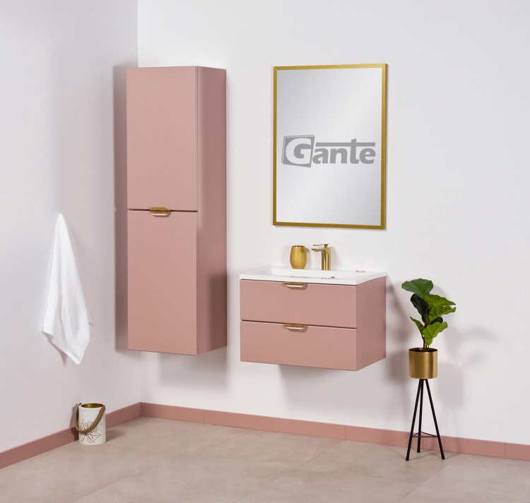 Rózowa szafka do łazienki w kolorze matowy perłowy róż z umywalką szerokośc 60 cm złote uchwyty