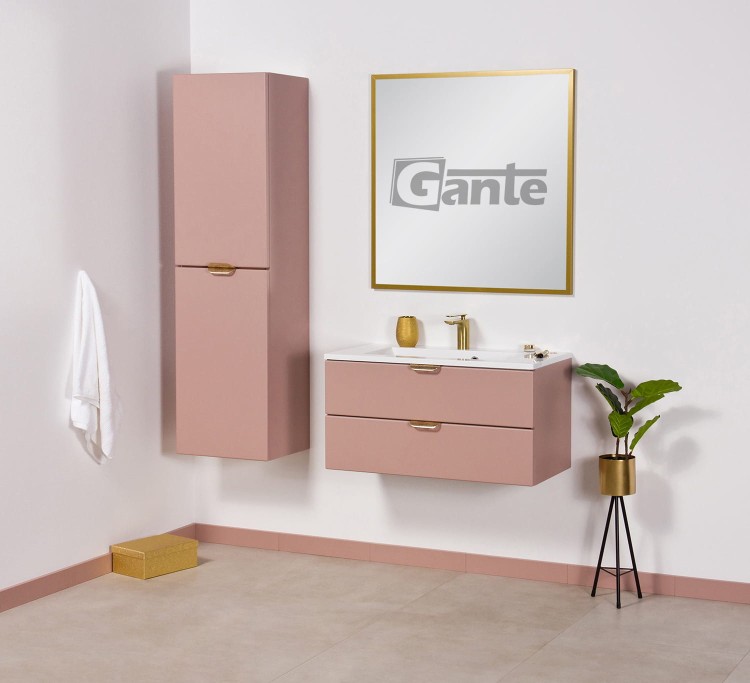 Rózowa szafka do łazienki w kolorze matowy perłowy róż z umywalką szerokośc 80 cm złote uchwyty (2).jpg