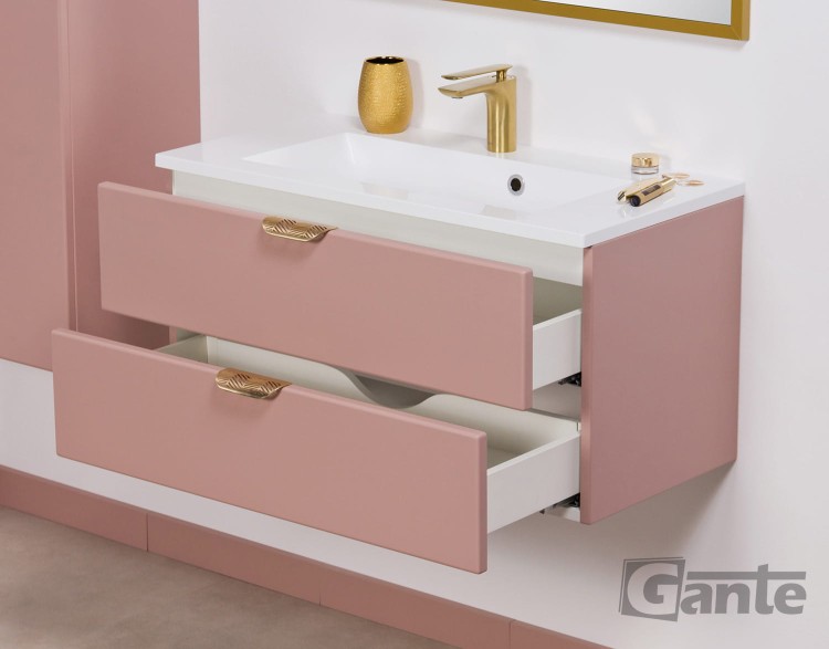 Rózowa szafka do łazienki w kolorze matowy perłowy róż z umywalką szerokośc 80 cm złote uchwyty (5).jpg