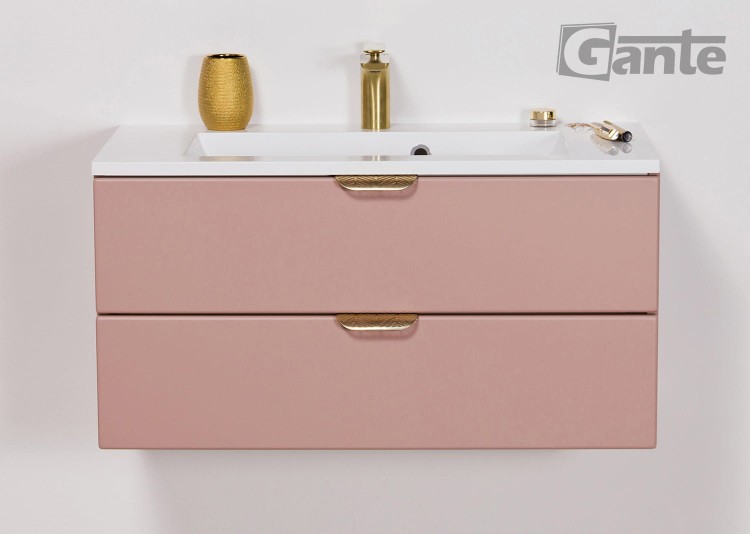 Rózowa szafka do łazienki w kolorze matowy perłowy róż z umywalką szerokośc 80 cm złote uchwyty.jpg