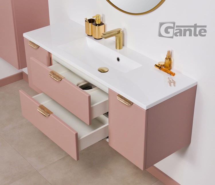 Rózowa szafka do łazienki 120 cm perłowy róż i złote uchwyty z umywalką (2).jpg