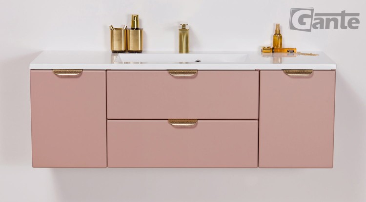 Rózowa szafka do łazienki 120 cm perłowy róż i złote uchwyty z umywalką (6).jpg