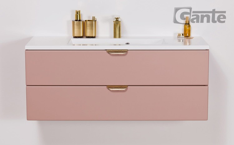 Rózowa szafka do łazienki 100 cm perłowy róż i złote uchwyty z umywalką (5).jpg