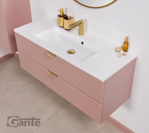Rózowa szafka do łazienki 100 cm perłowy róż i złote uchwyty z umywalką (1).jpg