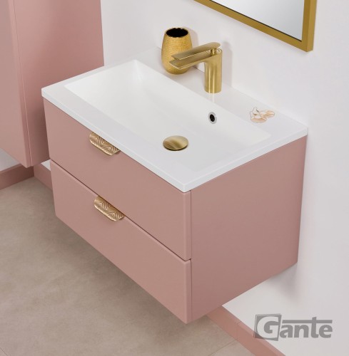 Rózowa szafka do łazienki w kolorze matowy perłowy róż z umywalką szerokośc 60 cm złote uchwyty (2).jpg