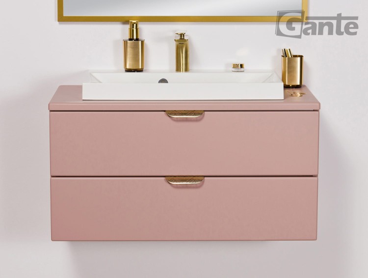 Rózowa szafka do łazienki z blatem 80 cm perłowy róż i złote uchwyty z umywalką