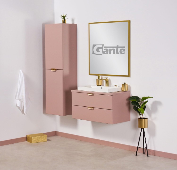Rózowa szafka do łazienki z blatem 80 cm perłowy róż i złote uchwyty z umywalką