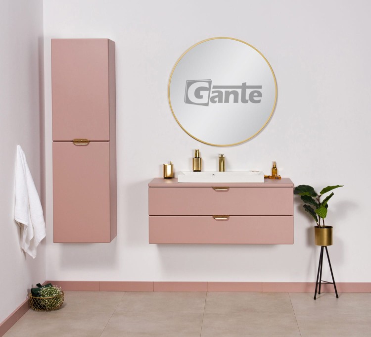 Rózowa szafka do łazienki z blatem 100 cm perłowy róż i złote uchwyty z umywalką (2).jpg