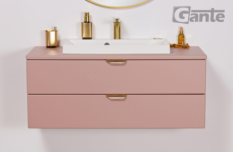 Rózowa szafka do łazienki z blatem 100 cm perłowy róż i złote uchwyty z umywalką (3).jpg