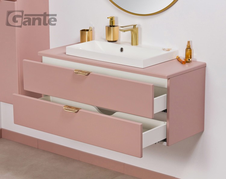 Rózowa szafka do łazienki z blatem 100 cm perłowy róż i złote uchwyty z umywalką