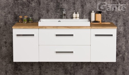 Szafka pod umywalkę z blatem drewnianym 120 cm z umywalką nablatową kolekcja mebli łazienkowych Fokus głębokość 39 cm 2 szuflady i 2 szafki boczne