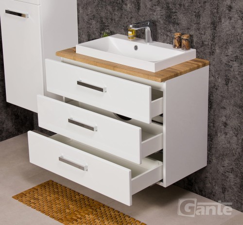 Szafka łazienkowa z blatem i umywalką nablatową Fokus biały połysk blat dekor dąb naturalny 3 szuflady srebrne uchwyty (3).jpg