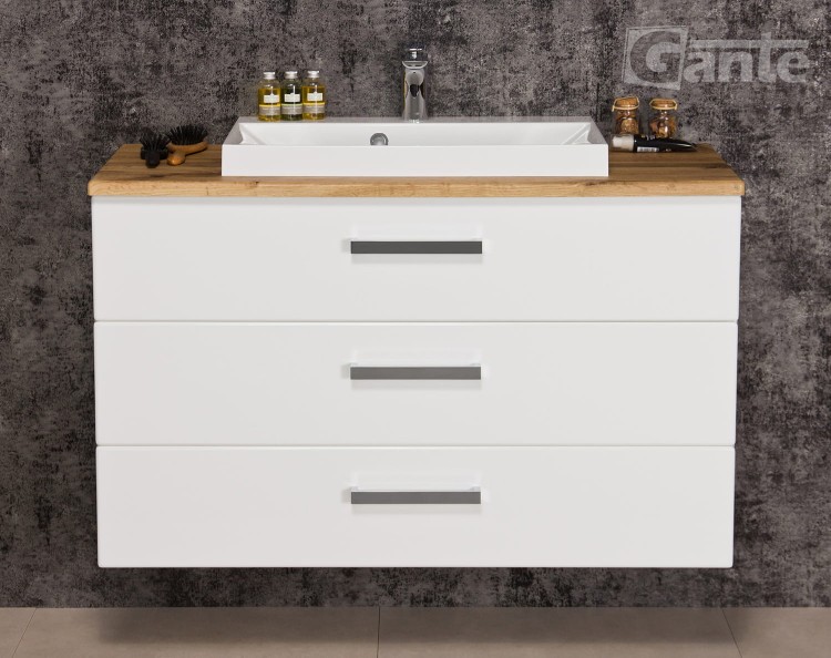 Biała szafka pod umywalkę z blatem drewnianym Fokus 100 cm wersja 3 szuflady uchwyty srebrne.jpg